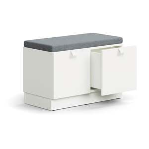 Lavice s úložným prostorem QBUS, šedý podsedák, 2 zásuvky, sokl, úchytky, 534x800x420 mm, bílá