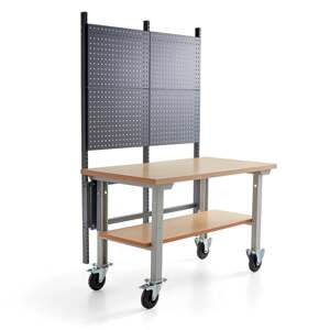 Mobilní dílenský stůl ROBUST, s panelem na nářadí a spodní policí, 1500x800 mm, tvrzená deska
