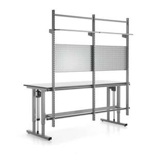 Výškově nastavitelný pracovní stůl MOTION, 400 kg, 2000x800 mm, s panelem na nářadí a policemi