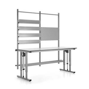Výškově nastavitelný pracovní stůl MOTION, 400 kg, 2000x800 mm, s panelem na nářadí a závěsnými lišt